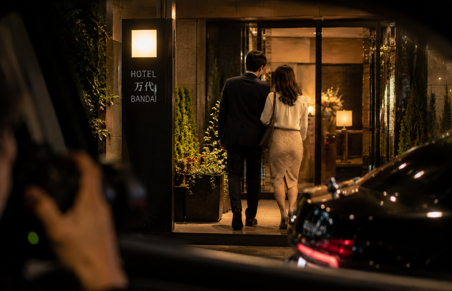 宿泊施設へ入る男女