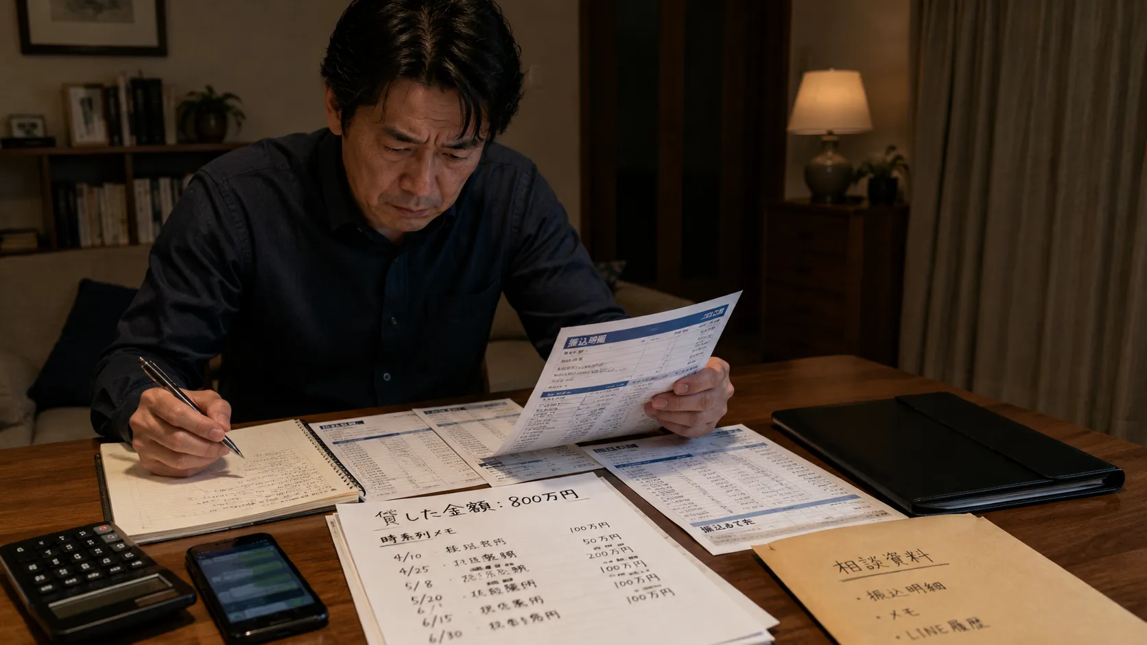 風俗嬢との800万円の金銭トラブルで振込履歴と連絡記録を整理する男性