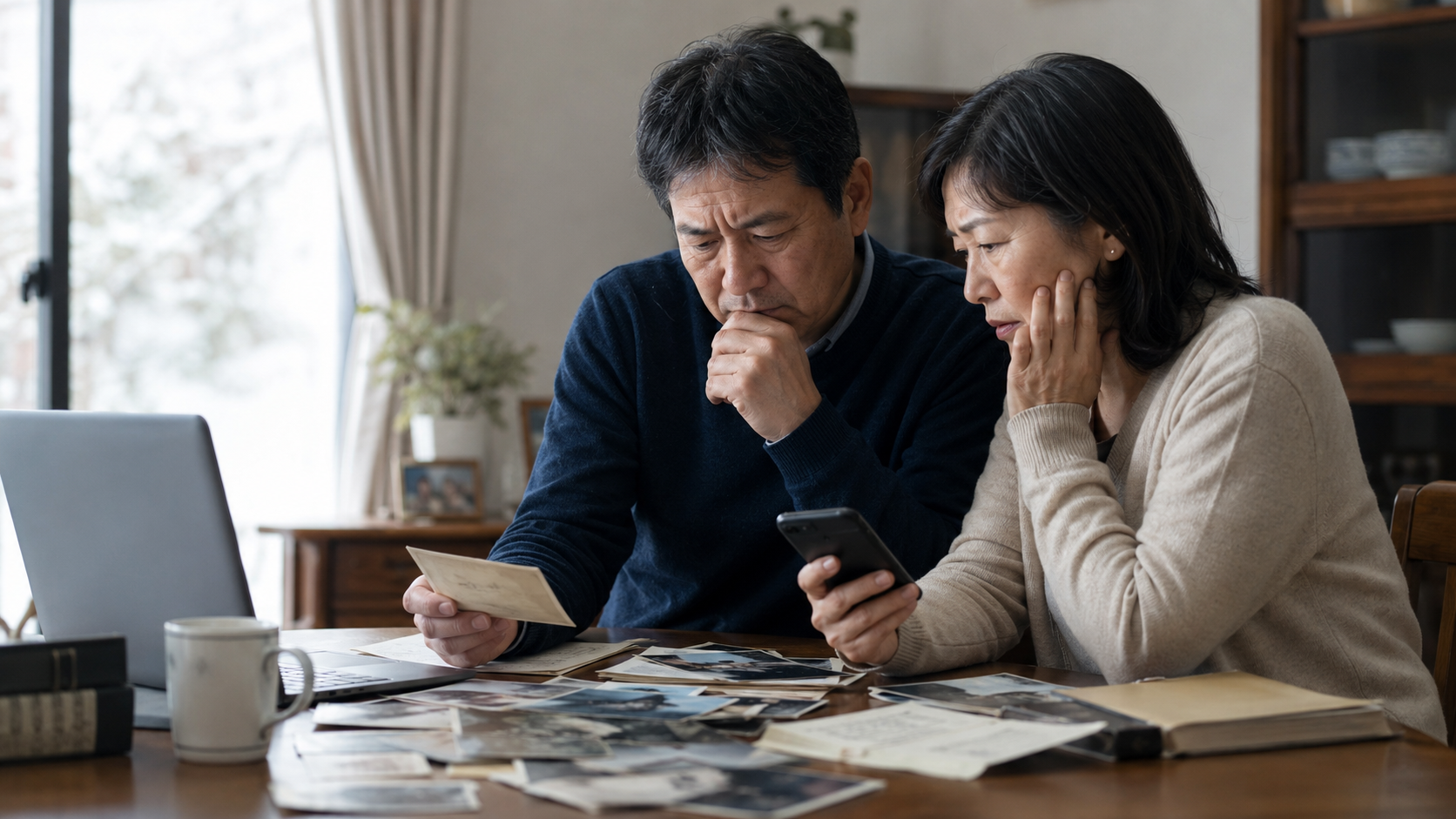 新潟で古い写真やデータを見ながら生き別れた家族を探す夫婦