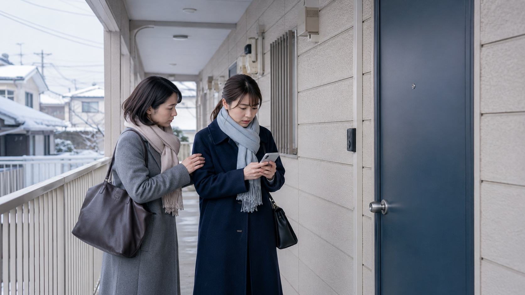 新潟で自宅アパートを訪れたものの不在で困り果てる30代女性と友人
