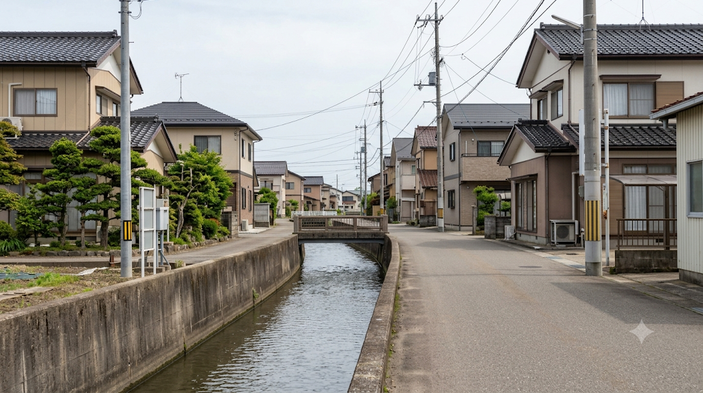 新潟市の住宅街と用水路のイメージ