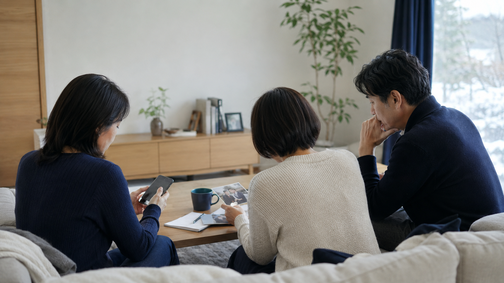 新潟で家族が行方不明者の写真・地図・メモを整理している様子