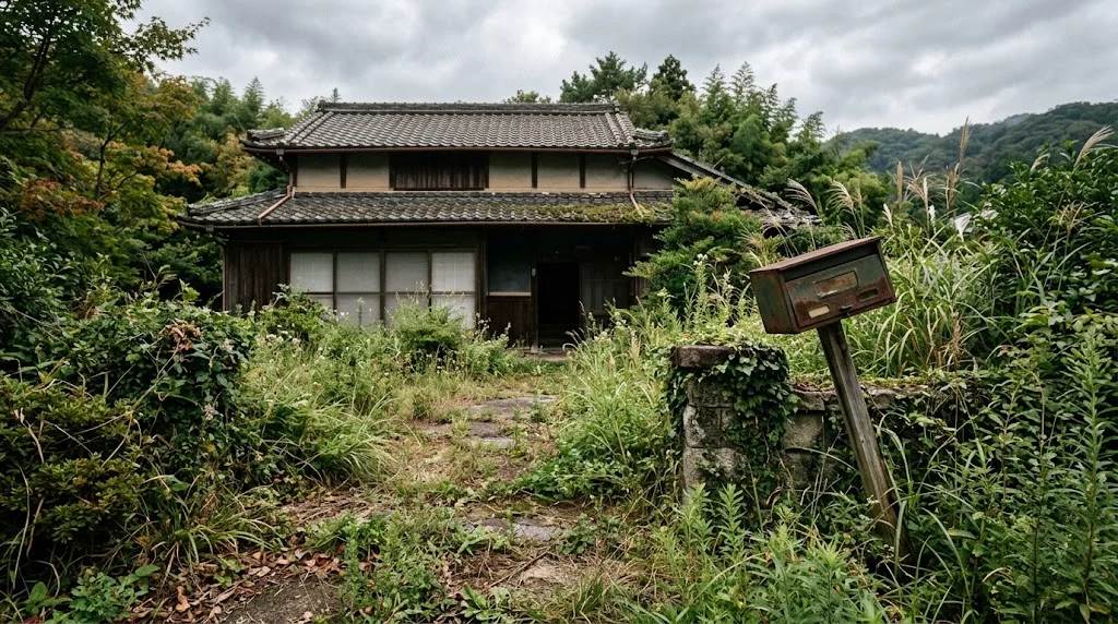 雑草が伸びた空き家の庭先と傾いた郵便受け