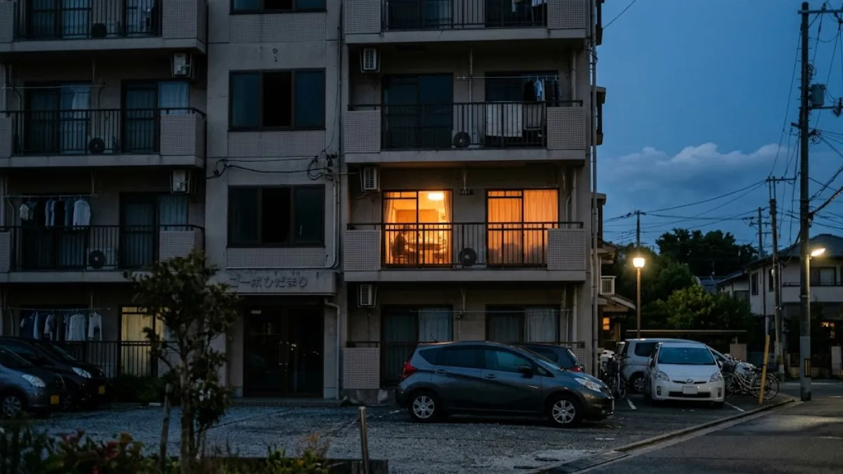 夕方のアパートの一室に灯る窓と、駐車場に停まる見慣れない車、別居中の生活を連想させる情景