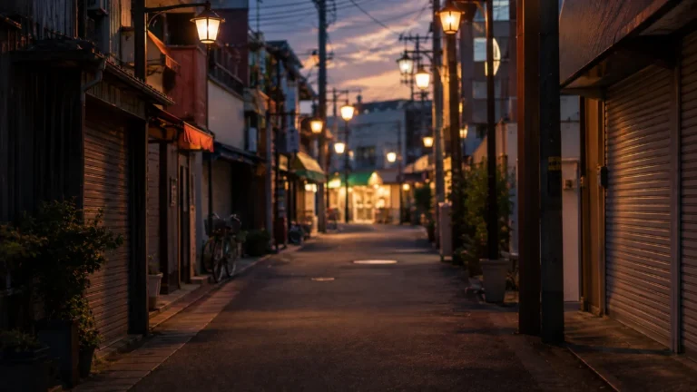 街灯が灯り始めた誰もいない商店街の路地、奥に店舗の明かりがぼんやり見える