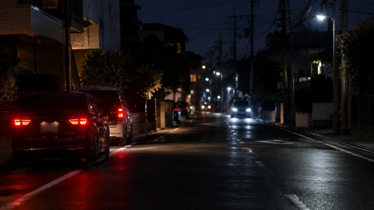 夜の住宅街の路肩に停められた数台の車のヘッドライトやテールランプの灯り、誰もいない静かな道路