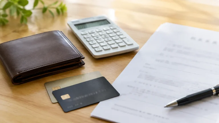 木製のデスクに置かれた財布とクレジットカード、電卓、内容がぼかされた契約書の書類