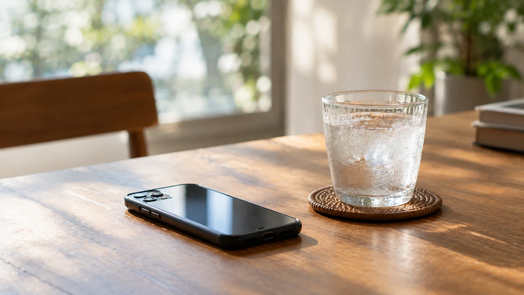 木製テーブルに伏せて置かれたスマートフォンとグラス、いつも通りの生活のイメージ