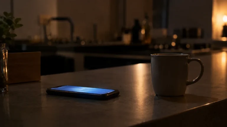 夜のキッチンカウンターに置かれたスマートフォンとマグカップ、画面がほのかに光っている