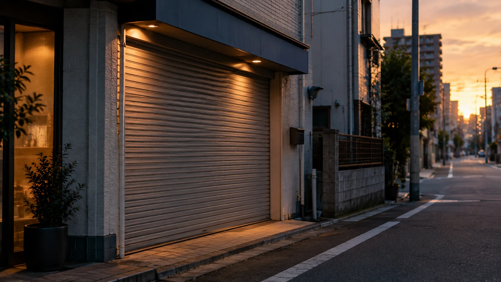 夕方の小さな店舗の入り口とシャッター