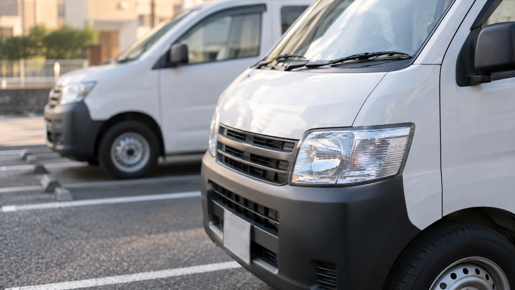駐車場に停まった白い営業車のクローズアップ