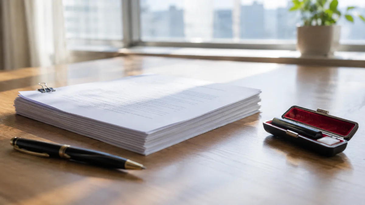 昼間の机の上に積まれた契約書らしき書類の束と、その横に置かれた印鑑ケース