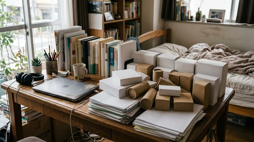 学生の部屋のデスクに積まれた無地の小包や書類