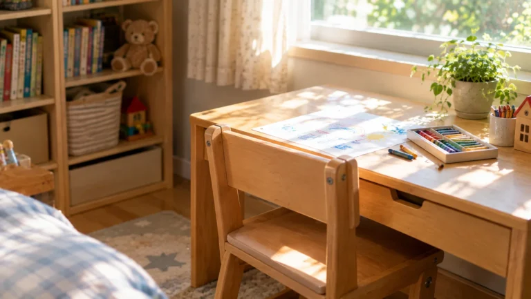 子ども部屋の勉強机と椅子、クレヨンと画用紙、やわらかい光