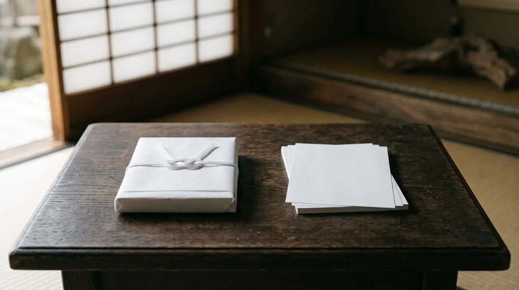 結納の包みと重ねられた白紙のメモ用紙