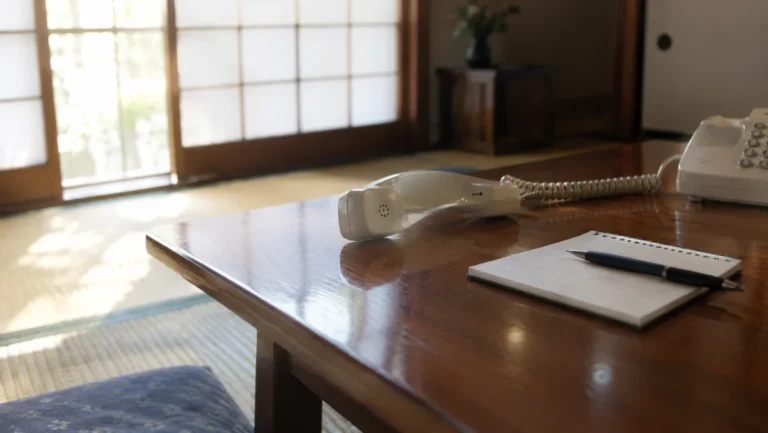 昼間の日本の和室で畳の上の座卓に置かれた固定電話の受話器と、その横のメモ帳とペン