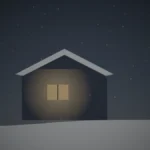 雪の積もった夕暮れに灯りのともる一軒家。離れて暮らす親の家を思う場面