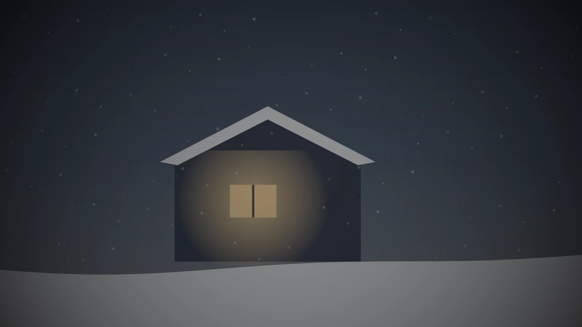 雪の積もった夕暮れに灯りのともる一軒家。離れて暮らす親の家を思う場面