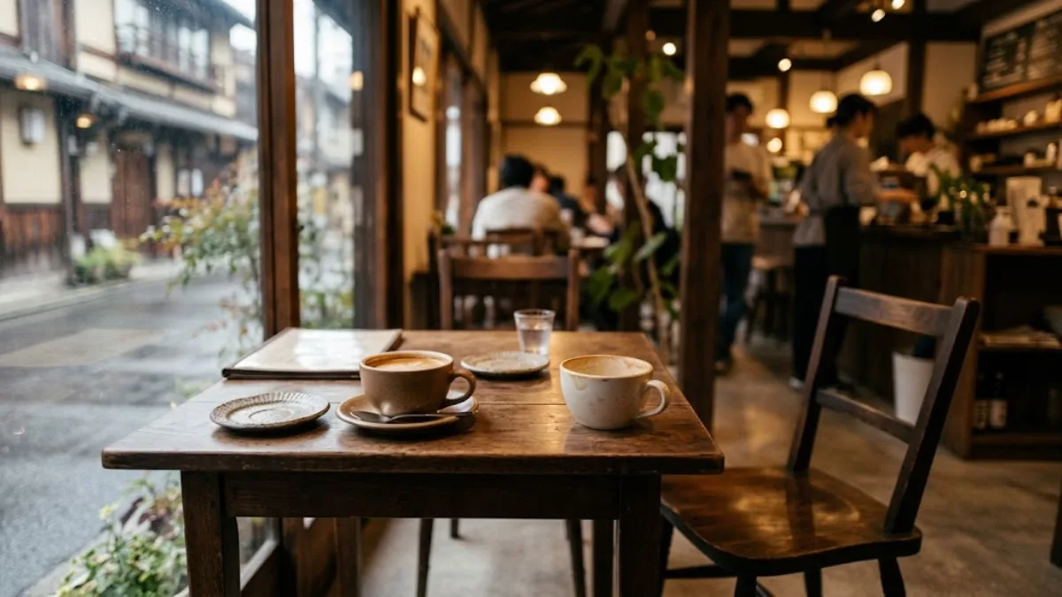 カフェの席で片方の椅子が空いたままの二人分のコーヒーカップ、交際相手の不在を連想させる情景