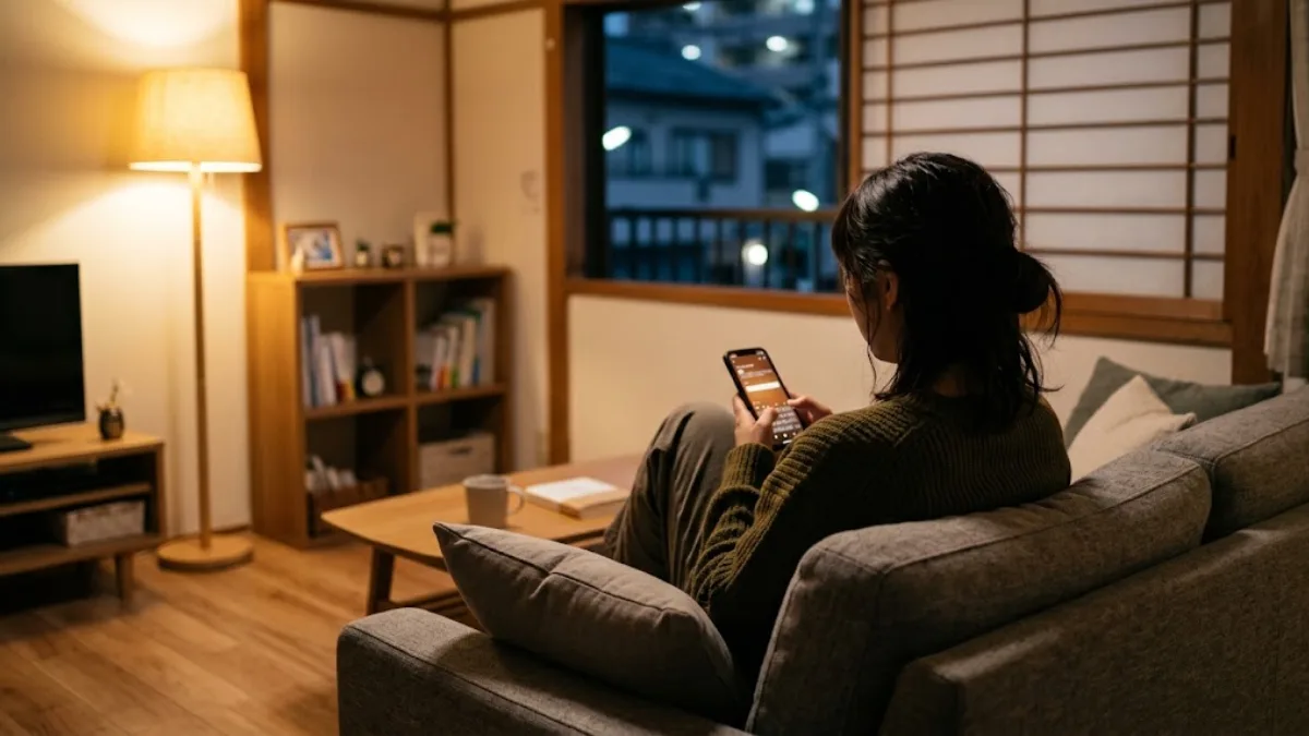 夜のリビングでソファに一人座りスマートフォンの画面をじっと見つめる後ろ姿