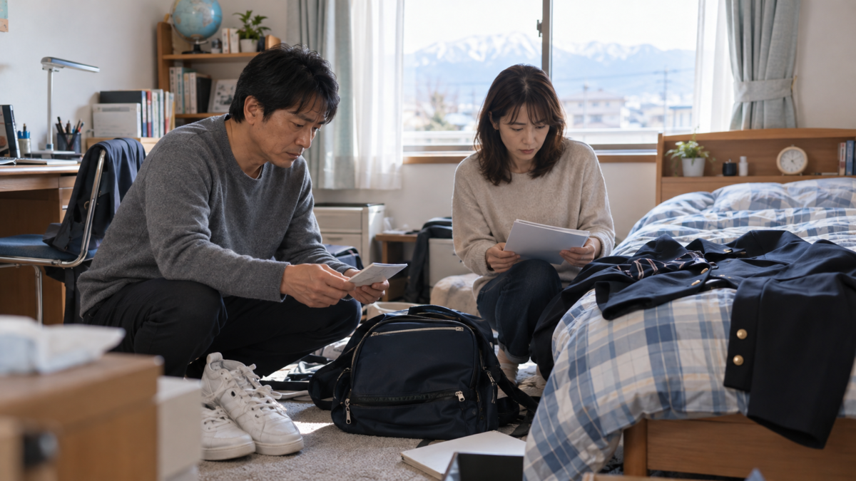 高校生の家出の手がかりを子供部屋で探す家族