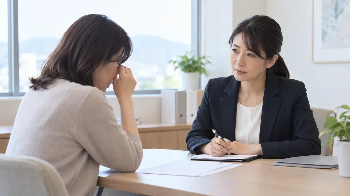 新潟でマッチングアプリ経由の浮気について相談員へ相談する女性