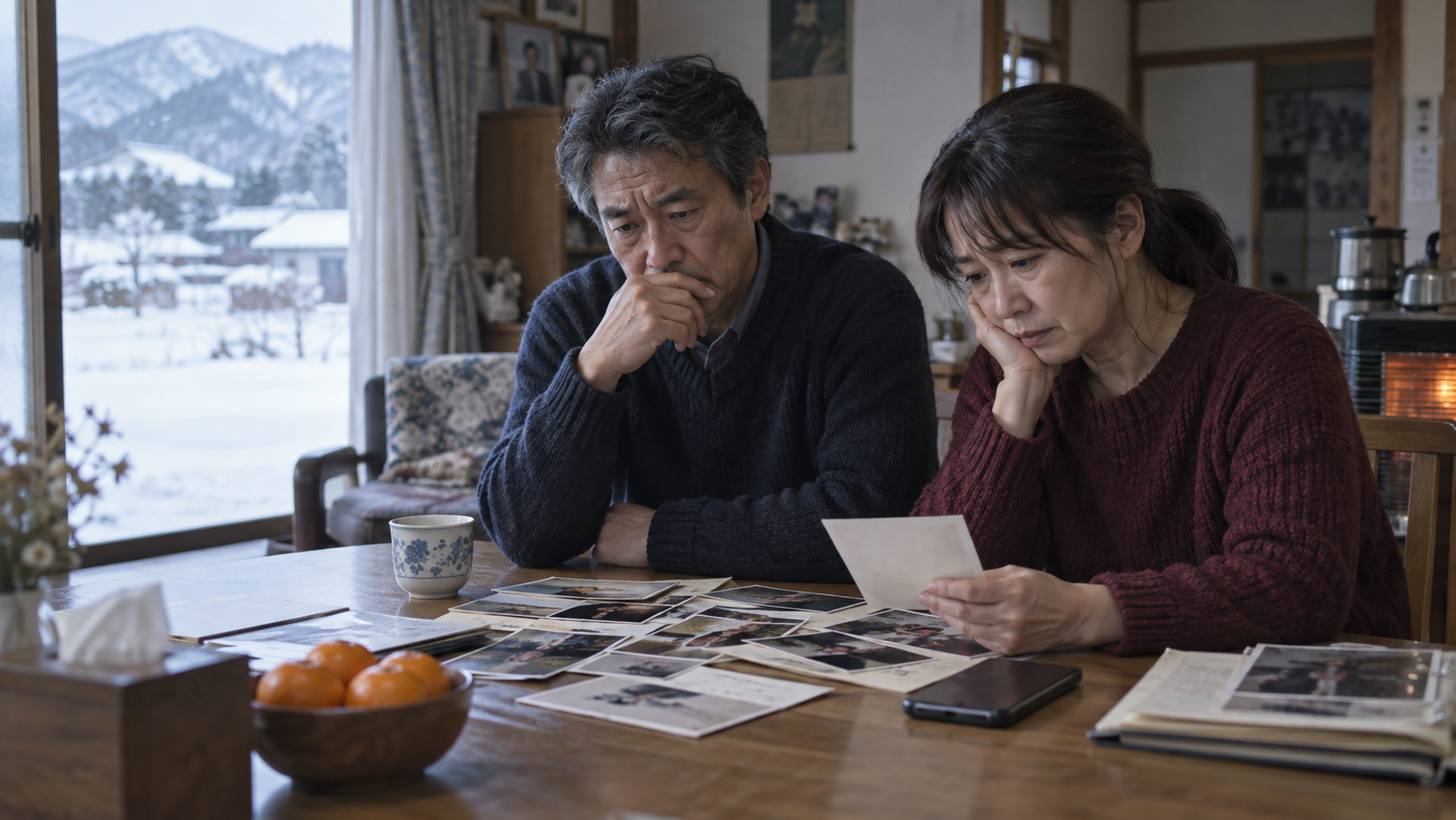 新潟の自宅で長期間帰ってこない家族の手がかりを整理する家族