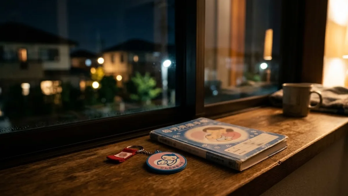 夜の窓辺にそっと置かれたマタニティマークと母子手帳、妊娠期の静かな不安を連想させる情景
