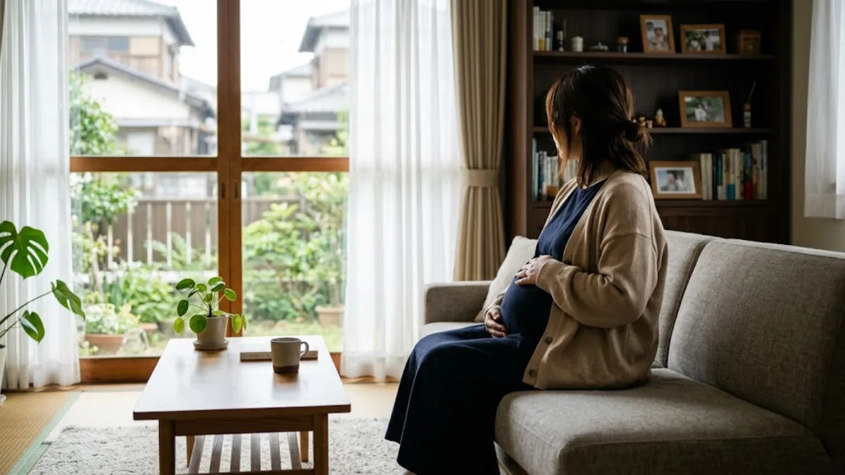 昼のリビングでソファに一人座り、お腹にそっと手を当てる妊婦の後ろ姿
