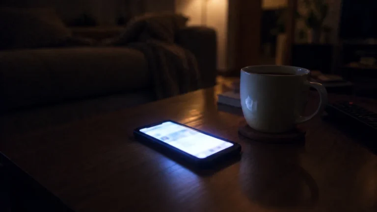 深夜のリビングのテーブルに置かれ画面が明るく光るスマートフォンと、そばに置かれた飲みかけのコーヒーカップ
