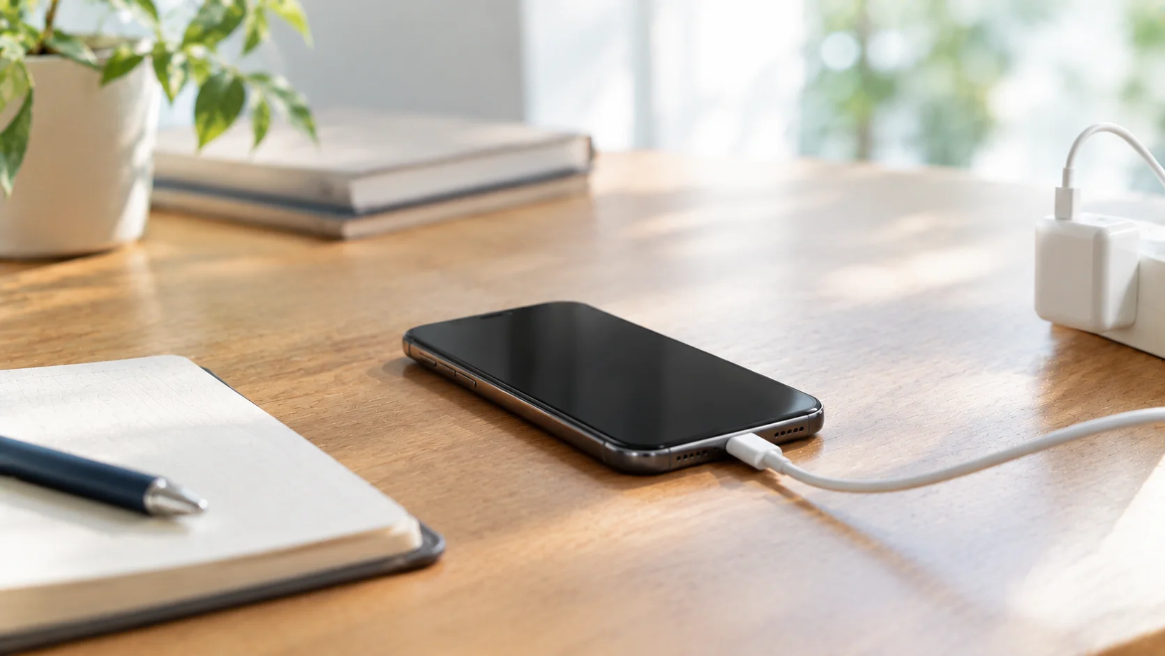 充電ケーブルにつながれたスマートフォン、デスクの上