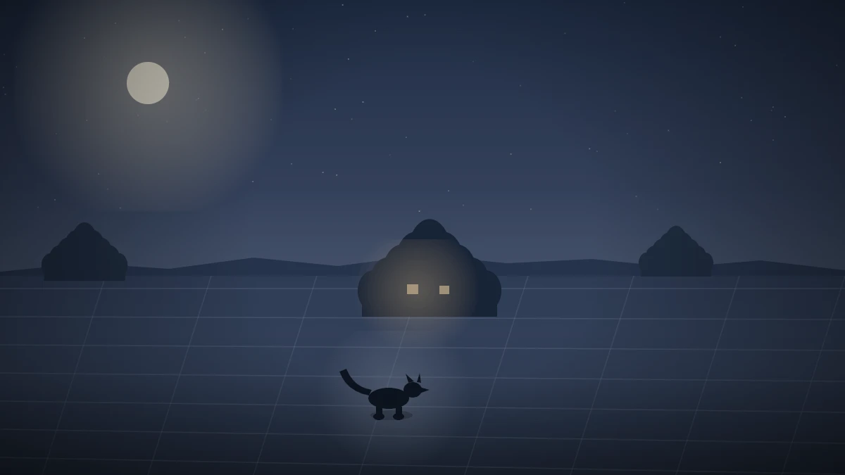 夜の田んぼの中に、緑の島のように浮かぶ屋敷林。その根元を歩く猫