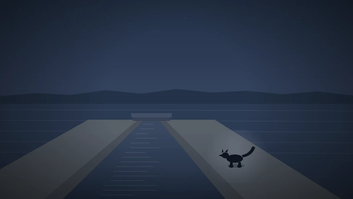 夜の用水路。コンクリートの側壁にはさまれた水路の縁を歩く猫