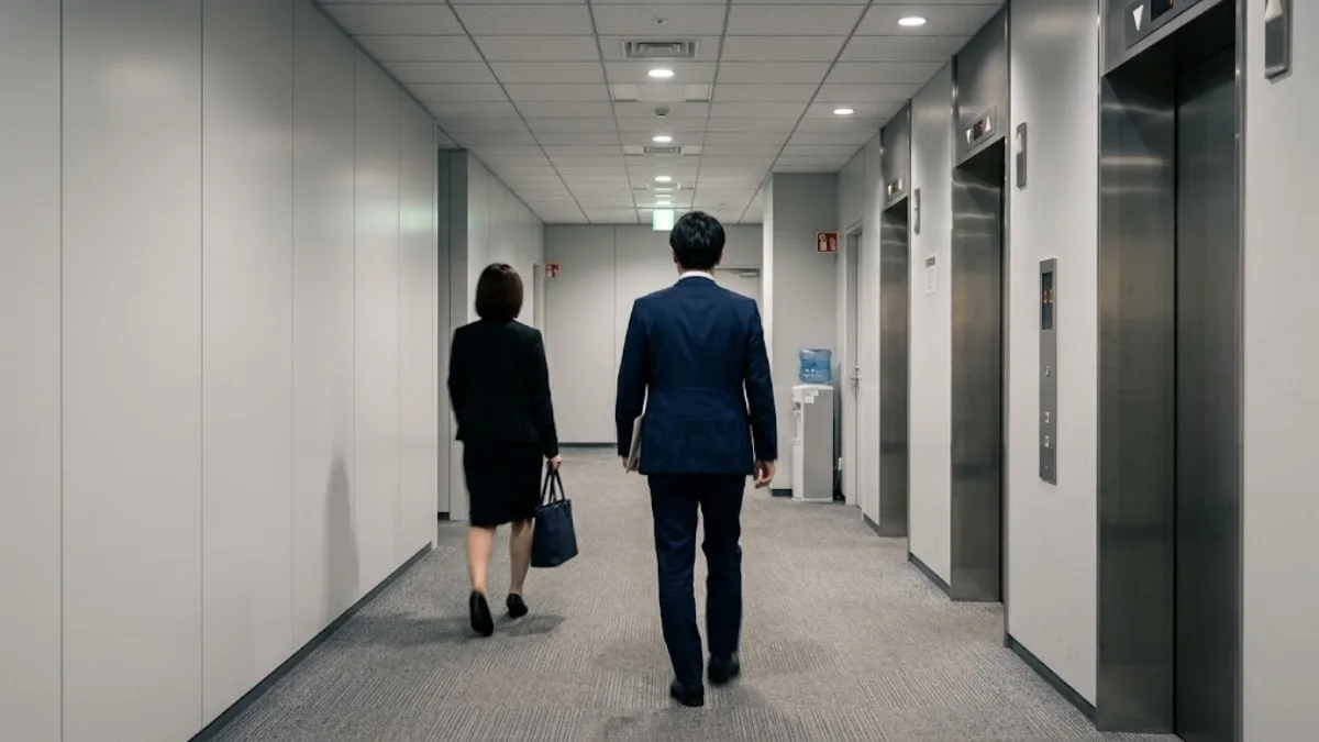 夜のオフィス廊下でエレベーター付近をすれ違う二人の後ろ姿、社内での接触を連想させる情景