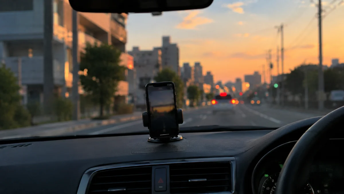 車の運転席、ダッシュボードに固定されたスマートフォンがフロントガラス越しの通りを向いている