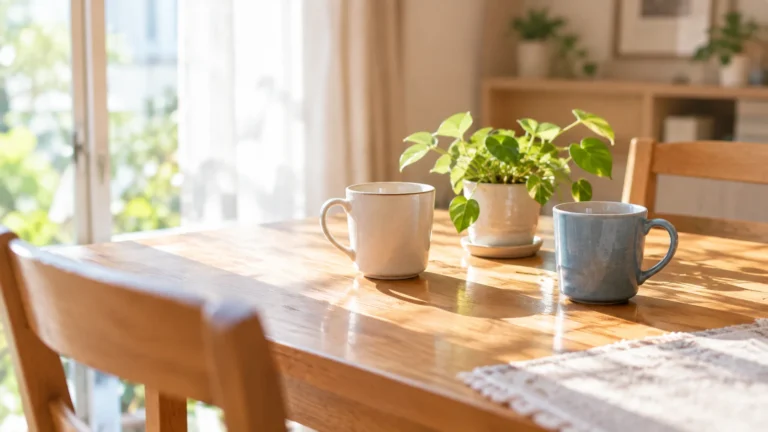 明るいダイニングテーブルに並んだ2つのマグカップと観葉植物