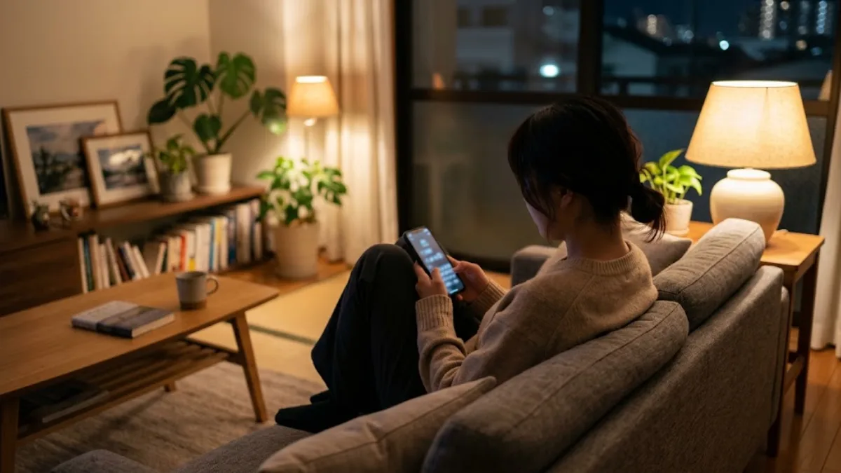 夜のリビングでソファに一人座り、スマートフォンを両手で静かに持つ後ろ姿
