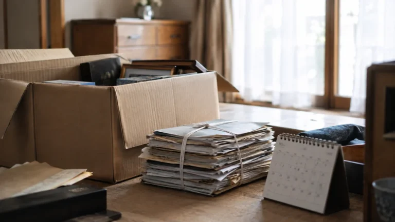 昼間の遺品整理中の部屋で開いた段ボール箱と紐で束ねられた書類の束、そばに置かれた卓上カレンダー