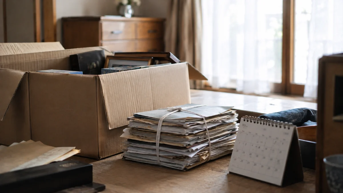 昼間の遺品整理中の部屋で開いた段ボール箱と紐で束ねられた書類の束、そばに置かれた卓上カレンダー