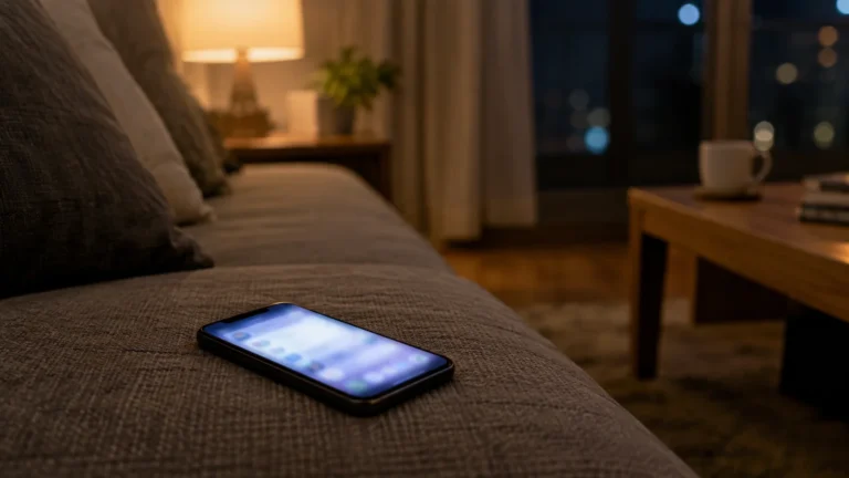 ソファに置かれたスマートフォン、夜の静かなリビング