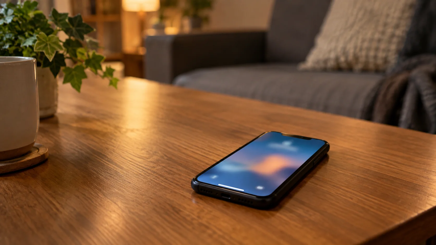 テーブルに置かれたスマートフォンとロック画面