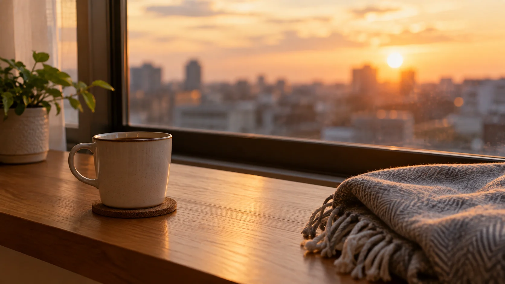 窓辺に置かれたコーヒーカップとブランケット、夕方の光