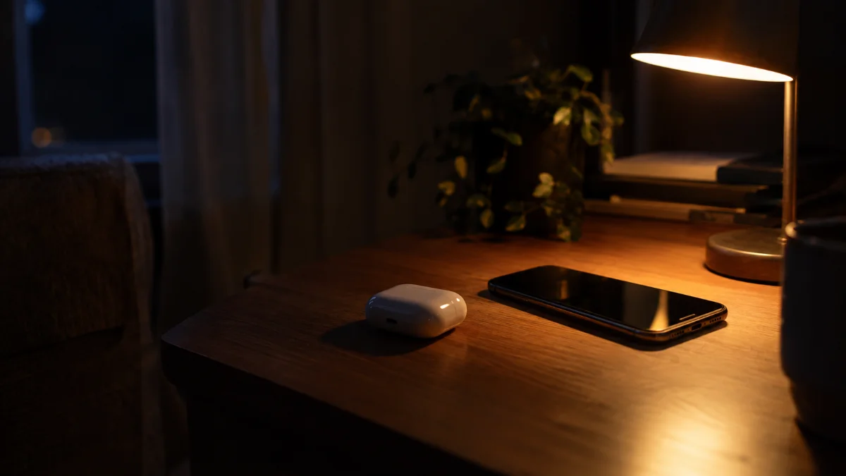 薄暗い部屋のデスクに置かれたスマートフォンとワイヤレスイヤホンのケース、読書灯の明かり