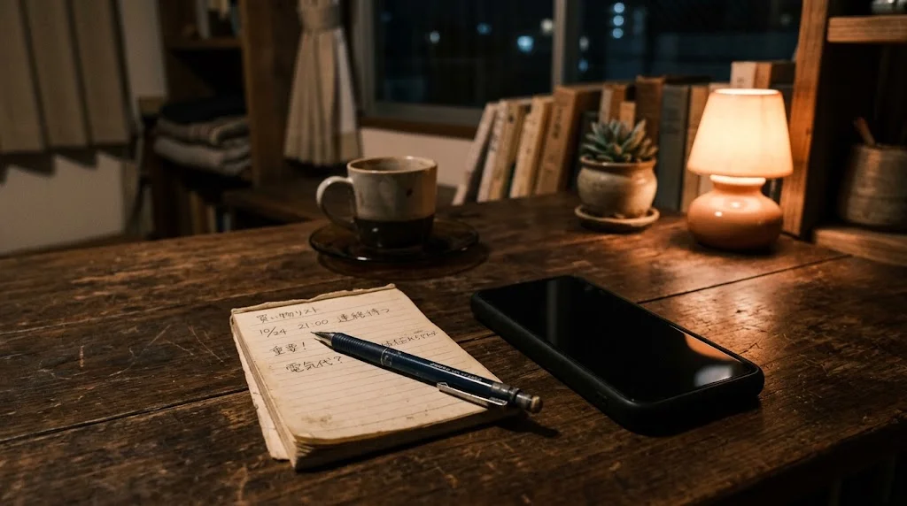 テーブルの上に置かれた古い借用書らしきメモと携帯電話