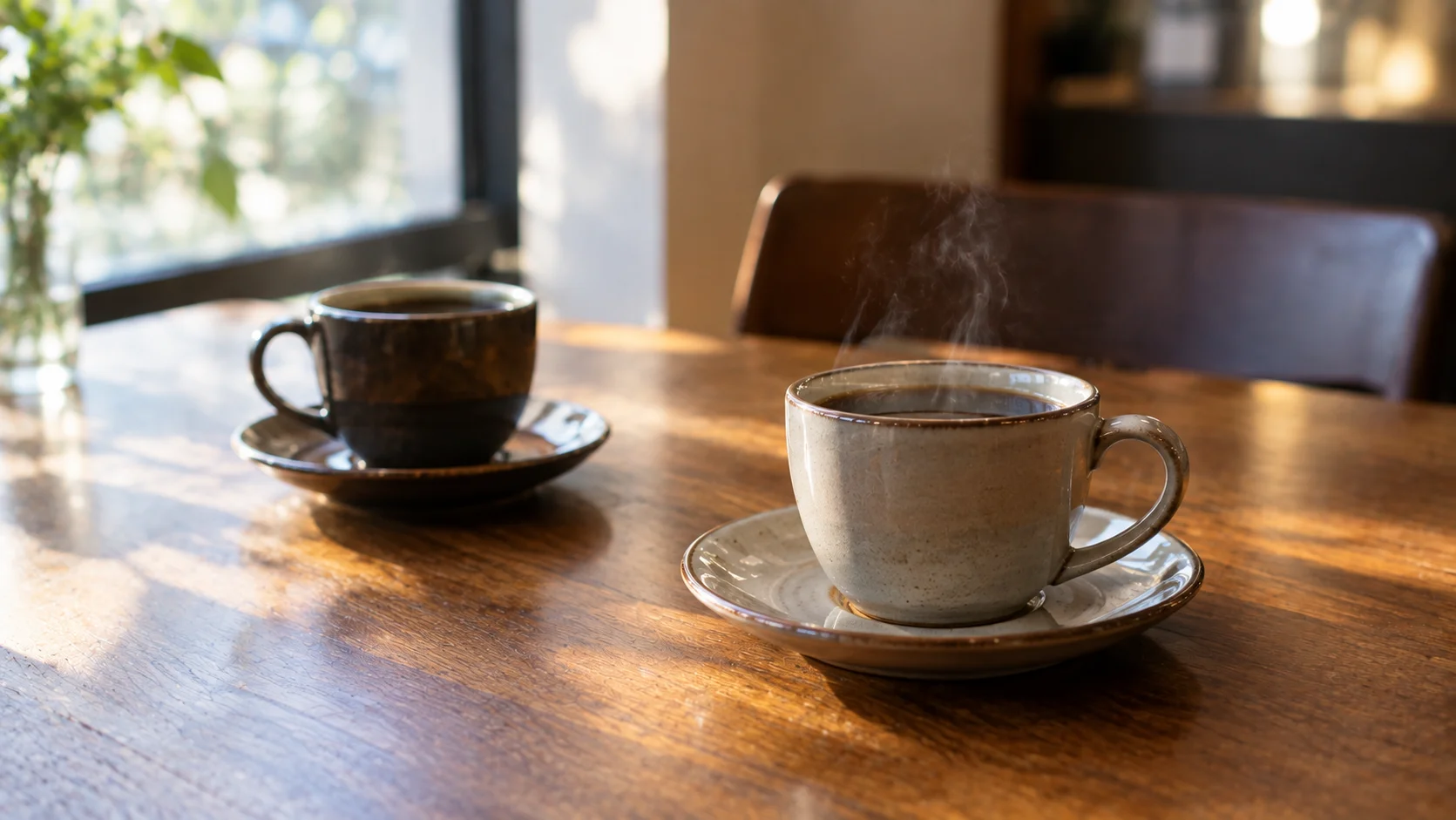 カフェのテーブルに置かれた2つのコーヒーカップ
